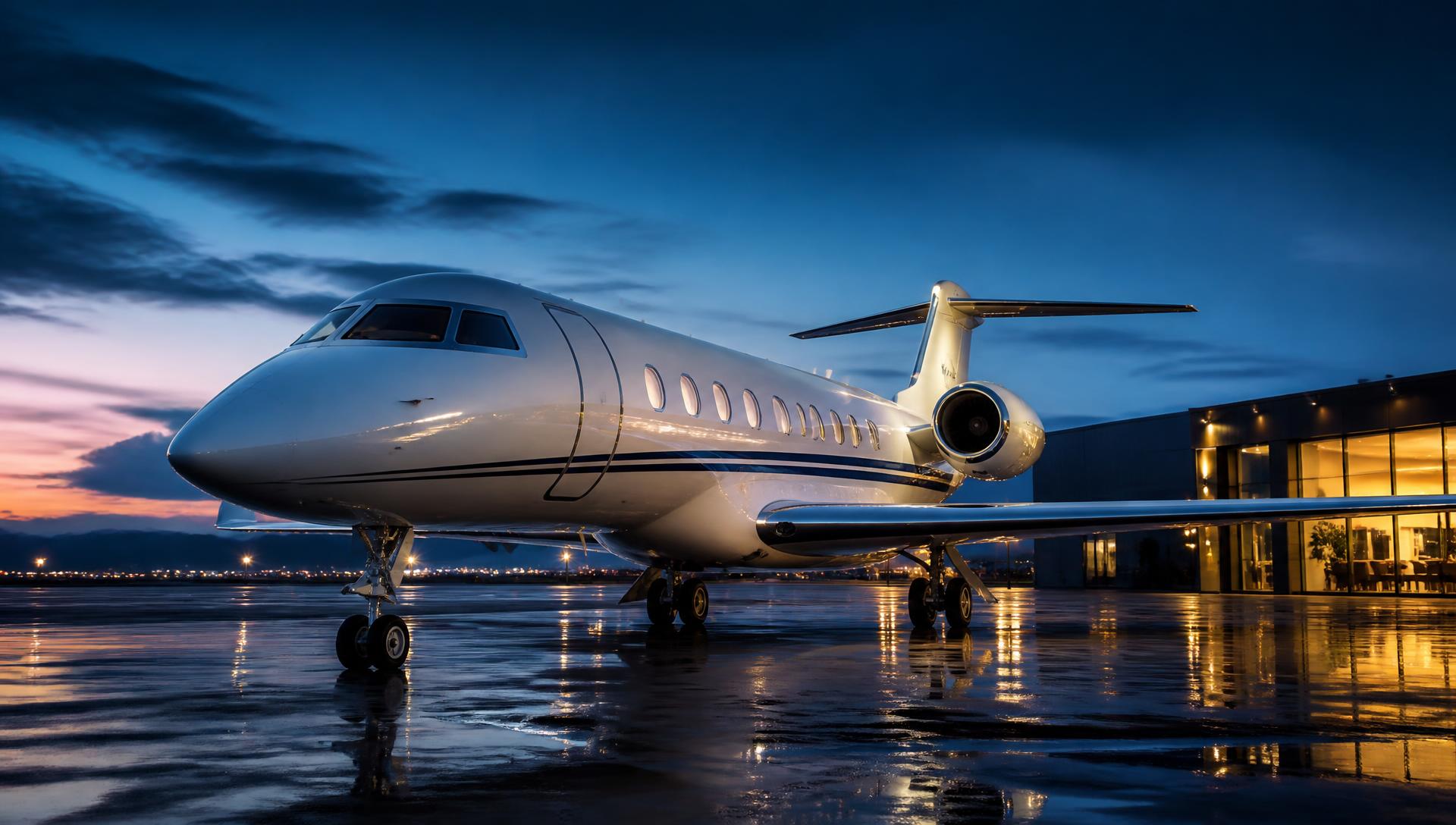 Business jet on the ramp at dusk